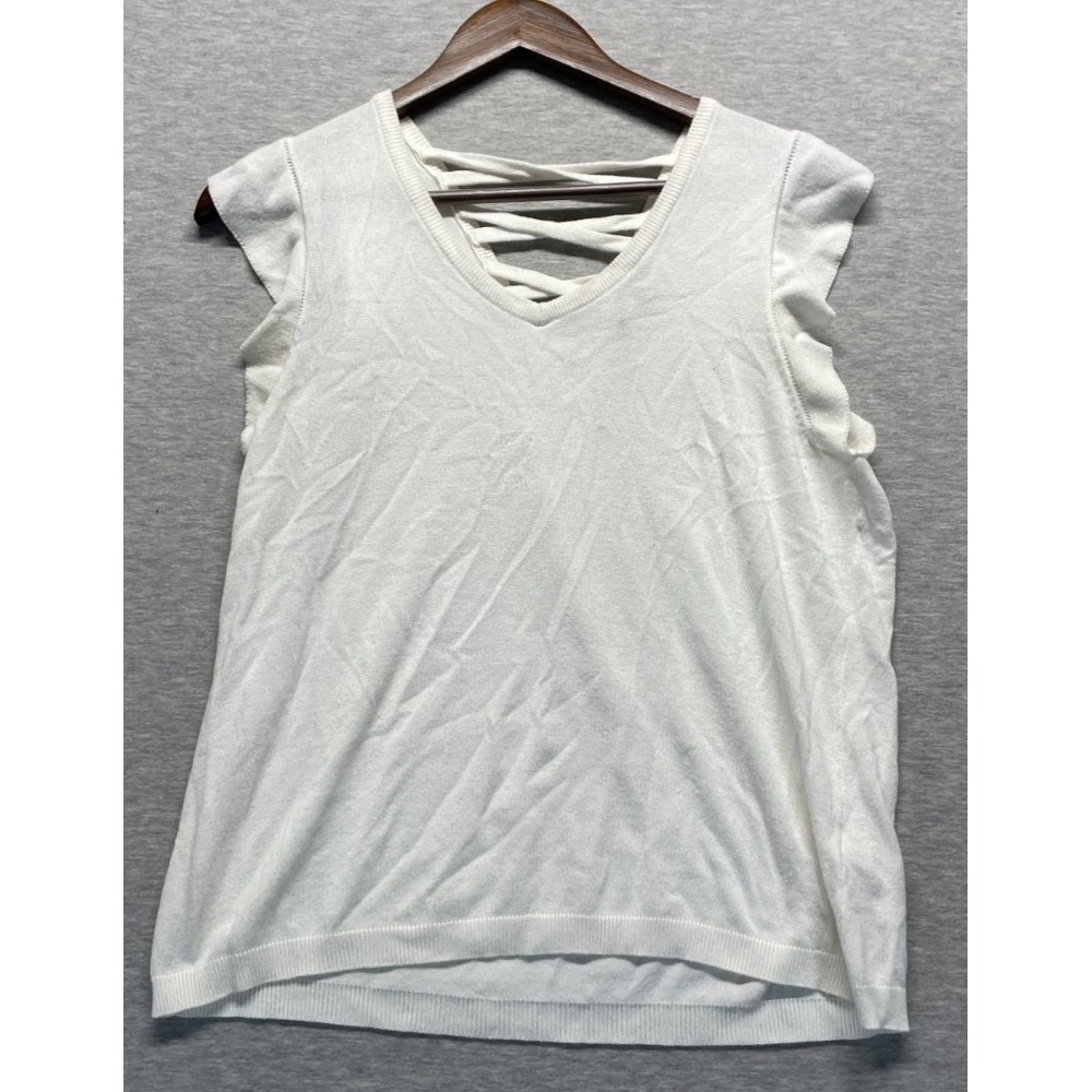 Cable & Gauge Ribbed Knit Top Womens PS White Flutter Sleeves Crisscross Lace Up